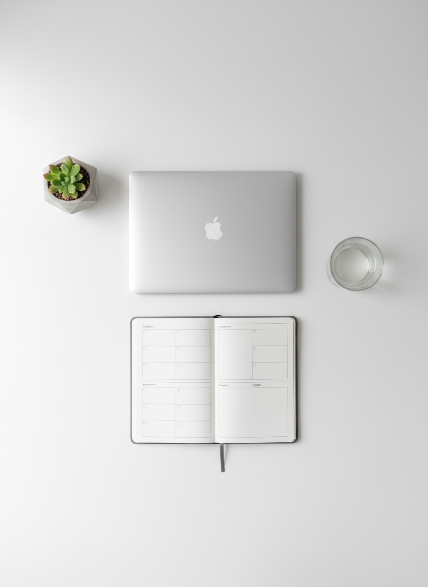 A tidy workspace featuring a single closed laptop centered on a matte white desk, flanked by a small plant in a simple concrete pot and a clear glass of water with faint condensation. In front of the laptop lies a slim journal opened to a spread showing two facing pages subtly marked with calendar-like date blocks and reflection sections, rendered as non-readable lines. Diffused overcast daylight from the left creates soft, even illumination and barely-there shadows. Captured from a bird’s-eye view, the image emphasizes symmetry and negative space, supporting a professional yet personal atmosphere. The photographic style is minimalist and high-resolution, reinforcing the idea of documenting 10-day life experiments in a clean, organized way.