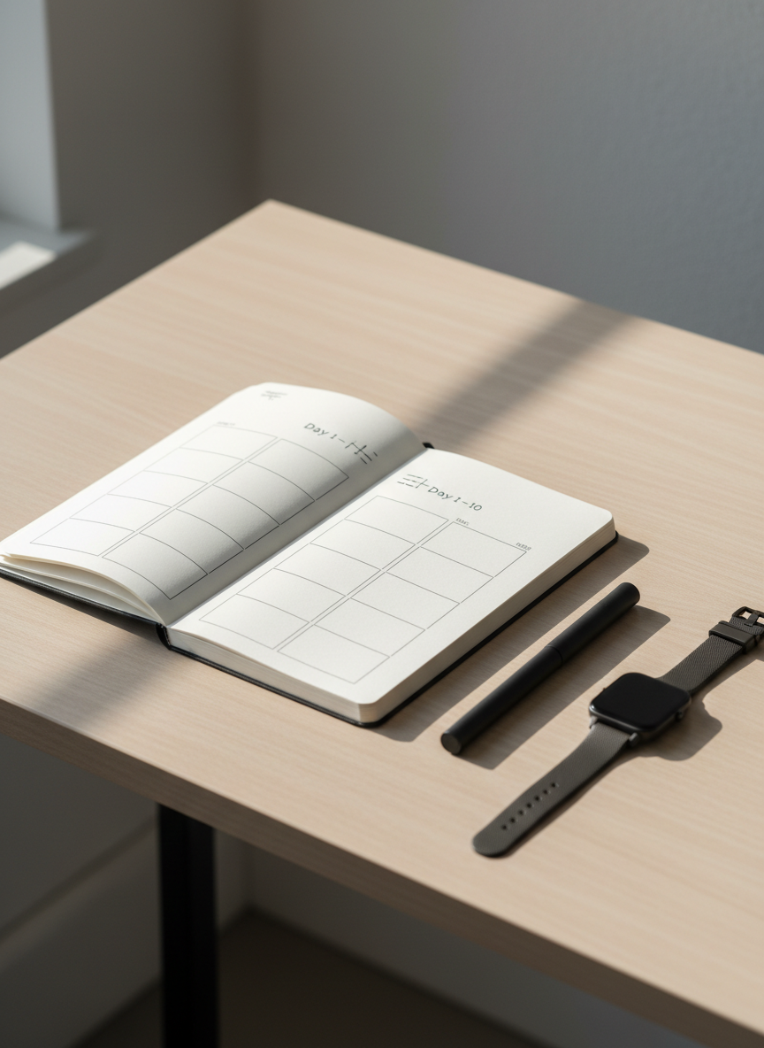 A sleek, open notebook lying on a smooth, light wood desk, its pages divided into a simple 10-day grid with neatly drawn boxes and a small “Day 1–10” header in clean, non-readable marks. Beside it rests a minimalist black pen and a slim digital watch, both precisely aligned. Soft morning light streams in from an unseen window, casting gentle, elongated shadows and creating bright highlights on the paper. Shot from a slightly elevated, eye-level angle with a shallow depth of field, the notebook is in crisp focus while the uncluttered background gently blurs. The mood is calm, intentional, and professional, embodying photographic realism with a clean, modern aesthetic that suggests structured life experiments without any visible text.